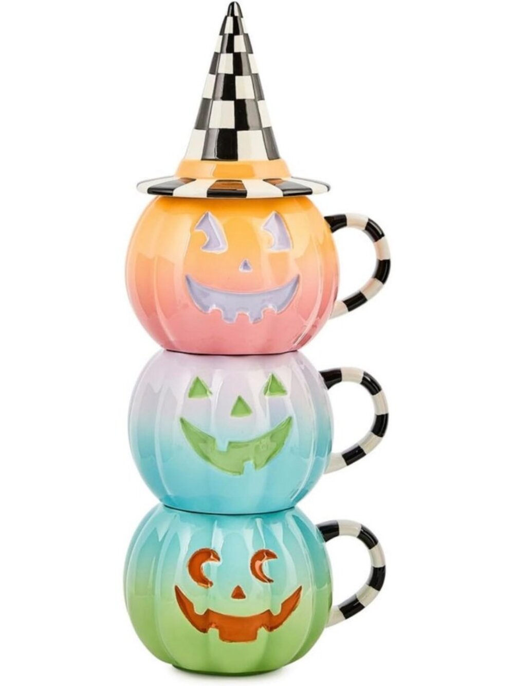 Festive Trick or Treat Lidded Pumpkin Mug Tower - Set of 3 for Halloween Decor